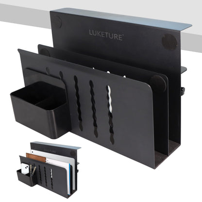 LUKETURE Desk Side Storage, 2 Tier Steel Hanging Organizer, No Drill Side Desk Organizer, Laptop Holder, with Pen Holder, Hanging Table Storage for Office Home, Fits Flat Edge Tables 0.3" to 2.8"
