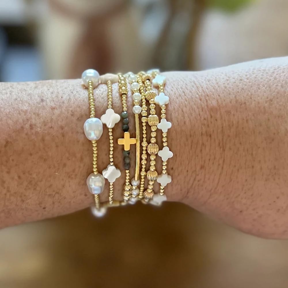 SHINUS BOHO 14K Gold Beaded Cross White Clover Pearl Stackable Bracelets for Women,7PCS Handmade Gold Beads Stretch Bracelets Stack Fashion Holiday Prom Jewelry Accessories Mothers Day Gifts Gift Friendship