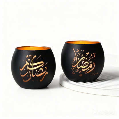Eid Mubarak Decorations Indoor, Arabic Calligraphy 4 Pcs Laser Etched Glass Tealight Candle Holders, Ramadan Kareem & Ramadan Mubarak Votive Holders for Table Decor, Islamic Gifts