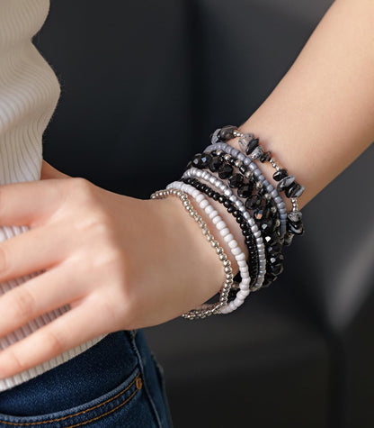 Noessla Boho Beaded Bracelets for Women Stackable Irregular Natural Stone Bead Stretch Bracelet Set 8PCS Costume Jewelry Gifts for Her(Black Grey)