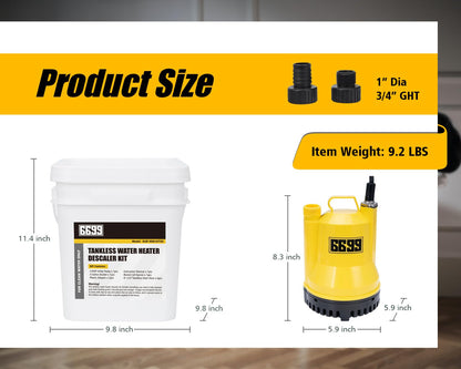 6699 Tankless Water Heater Flush Kit Includes 1/4HP Sump Pump with Two Adapters & 3 Gallons Pail with Bucket Lid Opener & Two 1/2” Dia X 6’ Hoses with Washers