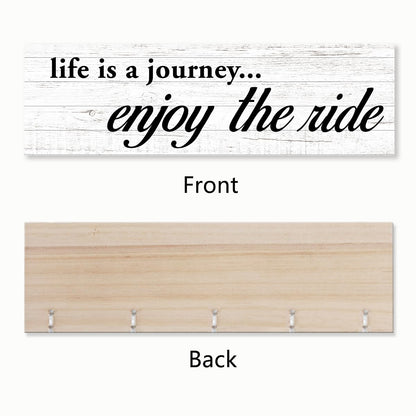 Gwisml Hanging Photo Display with 16 Clips 5 Strings,Rustic Style Picture Collage Frames Wall Decor Wood Hanging for Home Living Room Décor,Housewarming Gifts,Life is A Journey Enjoy The Ride