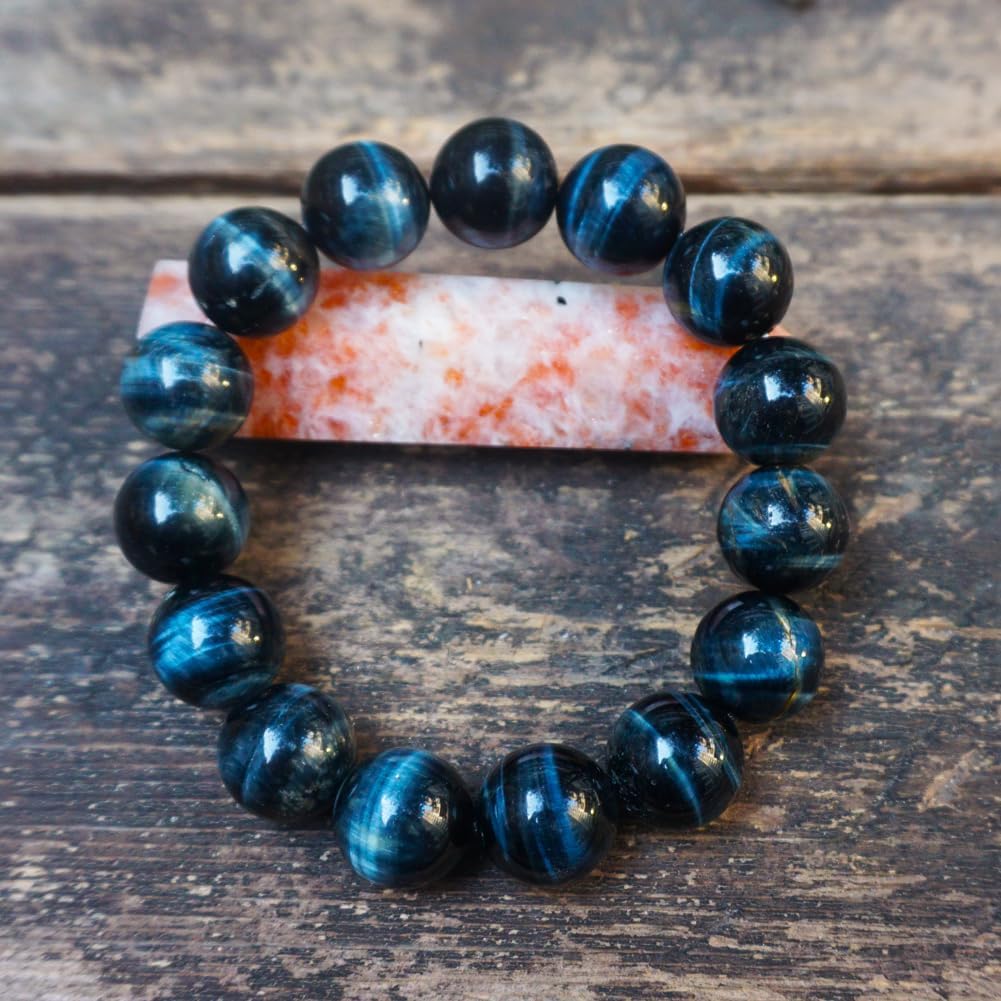 TaHLga Blue Tigers Eye Mens Bracelet 16MM | Fits for About 8" XLarge Wrist | Natural Solar Plexus Chakra Gemstones | Bring Luck Wealth Courage | Protection from Evil | Gift