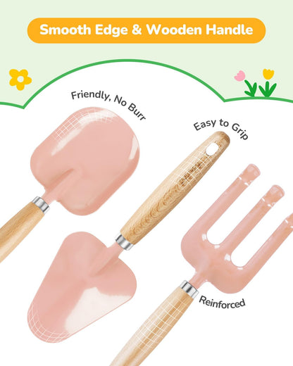 Grenebo Kids Gardening Set Toys, Quality Garden Tool Kit for Kids and Toddlers, Includes Two Shovels, Garden hat,Rake, Apron,Gloves, Watering Can, and Tool Bag (Pink)