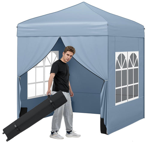 Tangkula 6.5x6.5 FT Pop Up Canopy, UPF50+ Outdoor Canopy Tent with 2 Removable Sidewalls, 2 Zippered Doors, Heavy-Duty Carbon Steel Frame, Wheeled Bag, 4 Sandbags, 8 Stakes, 4 Wind Ropes (Gray)