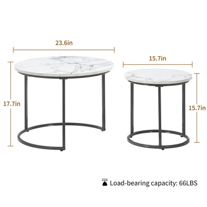 Round Nesting Coffee Table Set of 2, Modern Marble Pattern Wooden Nesting Tables, Stacking Minimalist End Table for Living Room Bedroom Small Space, White and Black