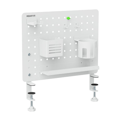 Mount-It! Clamp-On Pegboard Organizer | Adaptable Desk Storage for Home Office, Gaming & Crafting | Easily Organize Essentials with Shelf, Cup Holder & Hooks (White)