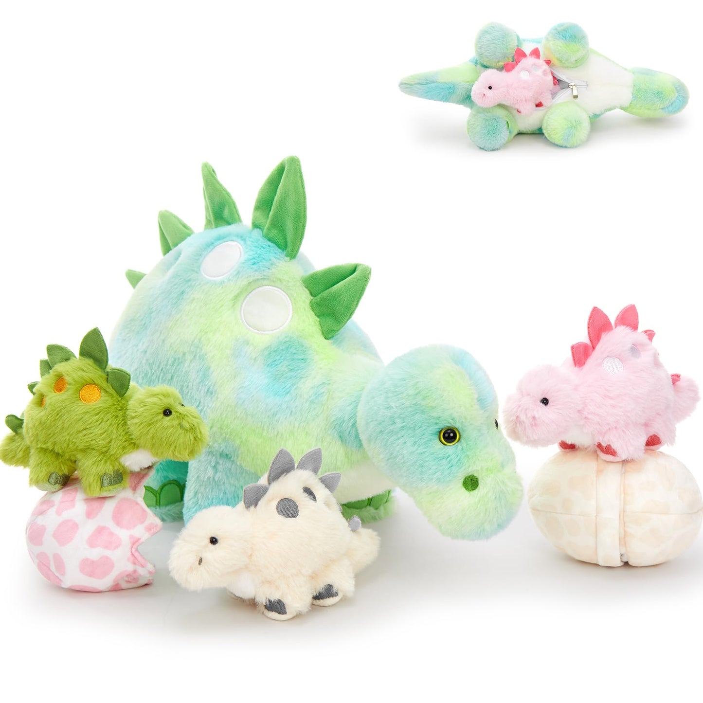 Karister Dinosaur Stuffed Animal,Dinosaur Plush Toys for Girls,Cute Dino Plushies,Mommy Dinosaurs,3 Baby & 2 Eggs Gifts Kids Boys Christmas Easter Birthday Children's Day (Night-Glowing Stegosaurus)