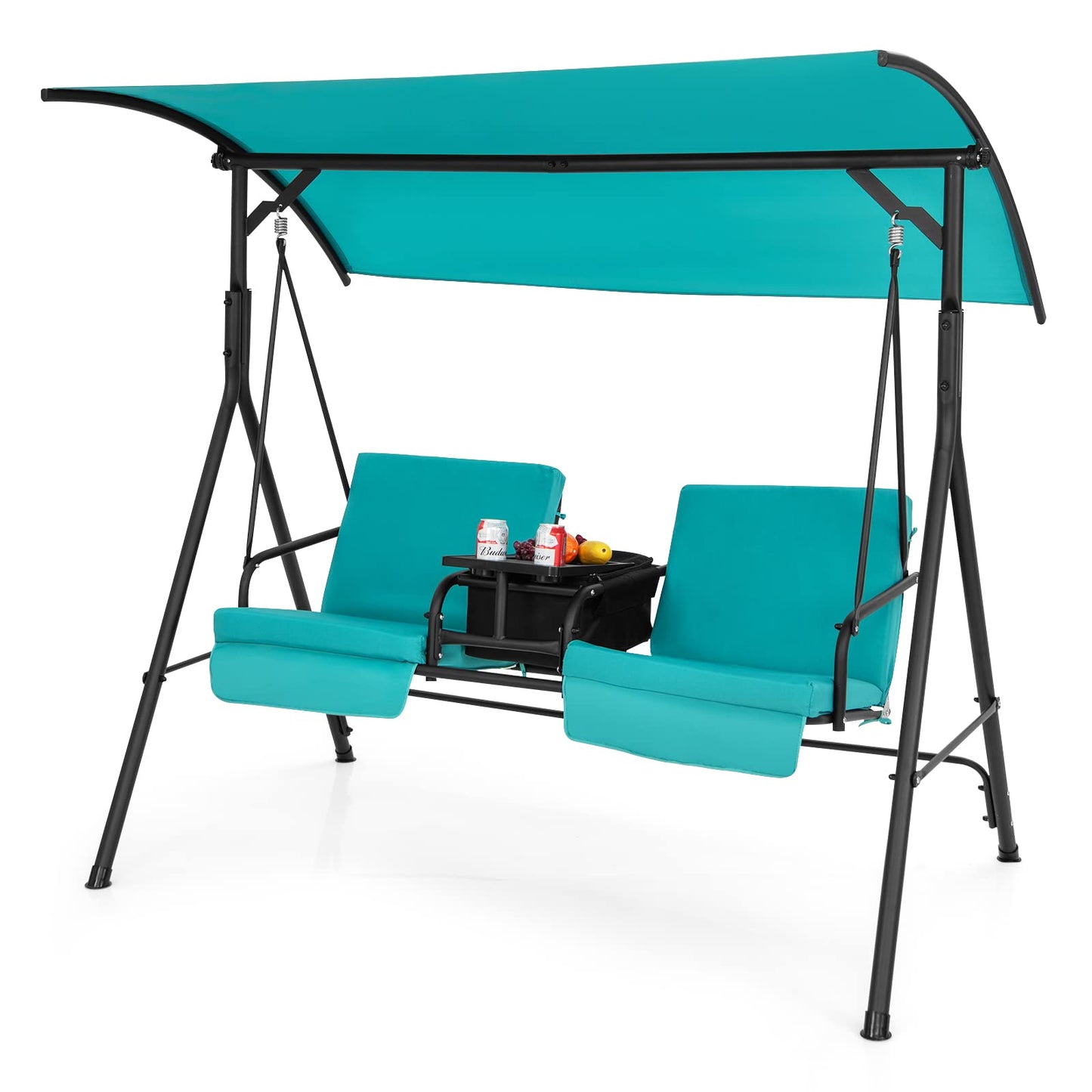 Tangkula 2 Person Porch Swing, Pivot Storage Table, Cooler Bag, 2 Cup Holders, Removable Cushions, Outdoor Patio Swing with Canopy for Backyard Balcony Poolside (Turquoise)