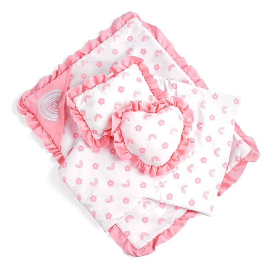 BABESIDE 4 Pcs Baby Doll Bedding Set for 17-22 Inch Babydolls, Babydoll Bed Accessories Dolls Blankets with Pillows for Reborn Baby Doll Accessories, Pink Flower & Rainbow Patterns