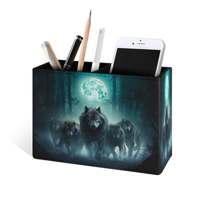 Famame Wolf Night Moon Pencil Holder for Desk, Leather Desktop Container Pen Cup Storage Study Table Pen Organizer Makeup Brush Holder for Classroom Office Home