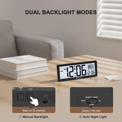 Soobest 8.5 Inch Digital Wall Clock Battery Operated with Backlight, Temperature, Date, Day & Auto DST, Black Slim Design for Elderly, Bedroom, Living Room, Office