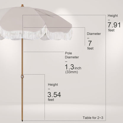 Tempera 7ft Outdoor Patio Umbrella with Carry Bag, Beach Umbrella with Fringe | Vintage Tassel Umbrella with Prime Steel Pole and Ribs Push Button Tilt, Ideal for Garden Lawn Poolside, UPF50+, Beige