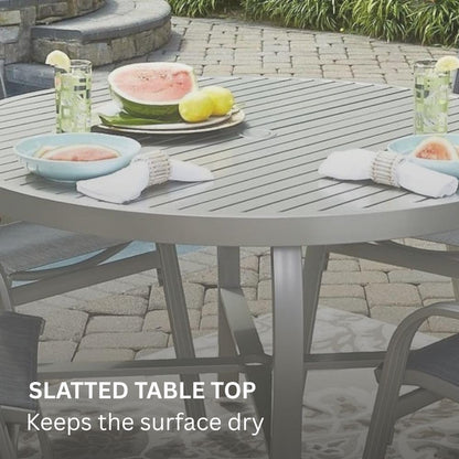 Homestyles Captiva 48" Outdoor Patio Dining Table for 4, Aluminum Round Table with Umbrella Hole for Deck Lawn Garden Backyard, Gray