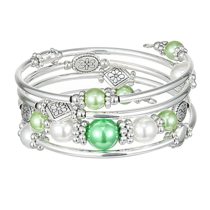 FULU AUTUMN Beaded Pearl Bangle Bracelets for Women Silver Wrap Bangles Bracelet Womens Costume Jewelry Fashion Gift(18-Green)