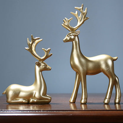 2PCS Carved elk Statue Resin Ornaments, Christmas Reindeer Fortune Seeking Decoration Modern Retro Art Standing and Sitting Posture, Applicable to Living Room and Bedroom (Pure Gold)