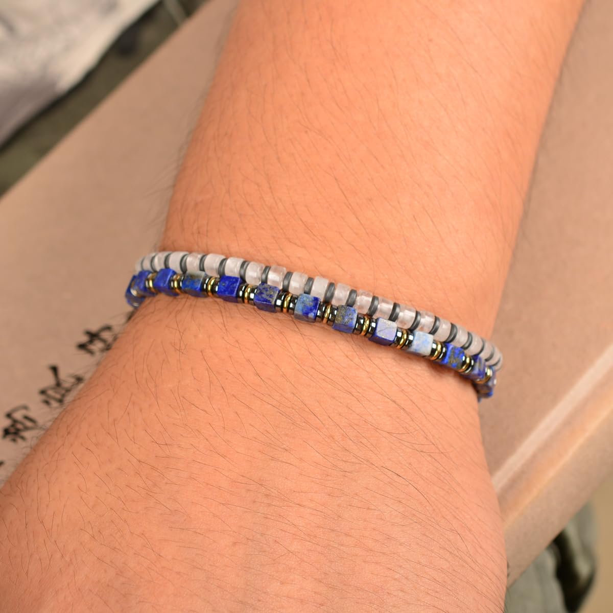 Casvia Handmade Lapis Lazuli Hematite Mens Bracelet, Stainless Steel Dual-Clasp, Adjustable 6.89-8.8 Inch, Spiritual Chakra Symbolism, Birthday Holiday Gift for Dad Husband Boyfriend