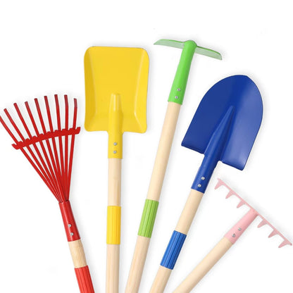 5 PCS 28" Detatchble Kids Gardening Tools, Metal Beach Digging Toys with Sturdy Wooden Handle, Safe Backyard Snow Sensory Playset Including Hoe, Tooth & Leaf Rakes, Flat & Pointed Shovels for Children