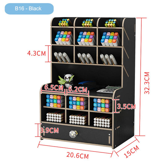 Wooden Desk Organizer with Drawer, Large Capacity DIY Pen Holder Storage Box Desktop Stationary Storage Rack, Pen Organizer Caddies for Office, Home and School Supplies (B16-Black)