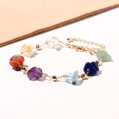 Xfoxstal 7 Chakra Reiki Gemstones Plated 14k Gold Chain Bracelets for Women Meditation Colorful Crystal Chips Beaded Bracelets (6″-8″)