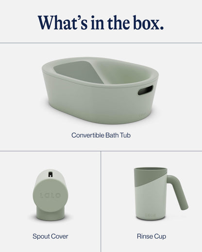 Lalo Bathtime Starter Kit - 3-Piece Set Includes Modern Baby Bathtub, Rinse Cup & Spout Cover - Safe, Easy to Clean Design for Newborns - 25.3 x 18 x 7.7 in, 10 lb - Sage
