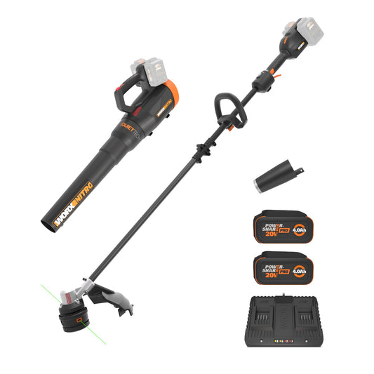 WORX Cordless String Trimmer & Leaf Blower Combo, 15'' 40V Weed Eater with Carbon Fiber Shaft, 530 CFM 40V Quiet Electric Blower with 57 dB, 2 × 4.0 Ah Batteries & Charger Included, WP925