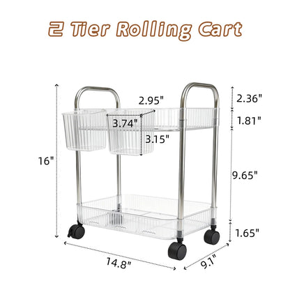 Ufriandz 2 Tier Utility Rolling Cart with Wheels Sofa Side Table Small Under Desk Storage Organizer, Clear Acrylic Plastic Mobile Trolley Organization Storage Cart for Kitchen Pantry Bathroom Vanity