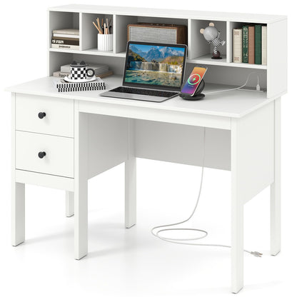 Tangkula White Desk with Drawers & Hutch, Modern Home Office Desk Writing Study Desk with Charging Station, Laptop Desk with 5 Storage Compartments, Computer Workstation Makeup Vanity Desk
