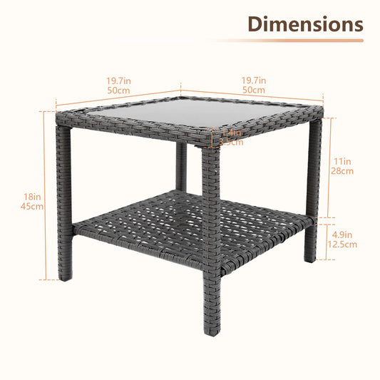 C-Hopetree Small Outdoor Coffee Side End Table for Outside Patio Storage, Gray All Weather Wicker with Glass Top, Square