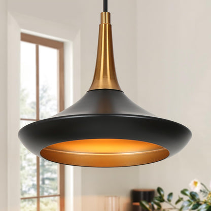 LALUZ Modern Black Gold Pendant Light, Adjustable Hanging Light Fixture with Electroplated Finish for Kitchen Island, Dining Room, Bedroom