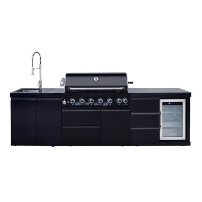 114 Inch Outdoor Kitchen Island, 6 Burner Propane Gas BBQ Grill Station, 83500 BTU 304 Stainless Steel Grill Combo with Sink & Refrigerator, CSA ETL Certified, Black