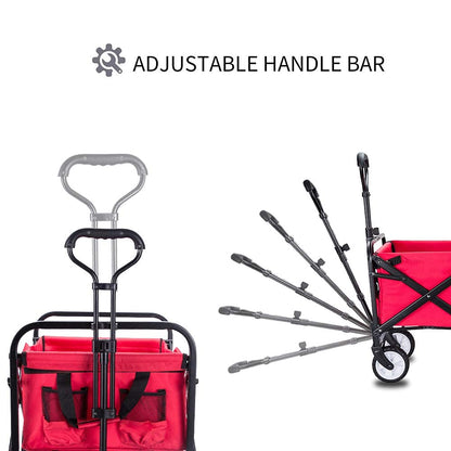 WHITSUNDAY Collapsible Folding Garden Outdoor Park Utility Wagon Picnic Camping Cart, Heavy Duty Foldable with Wheel and Bottle Holders Red