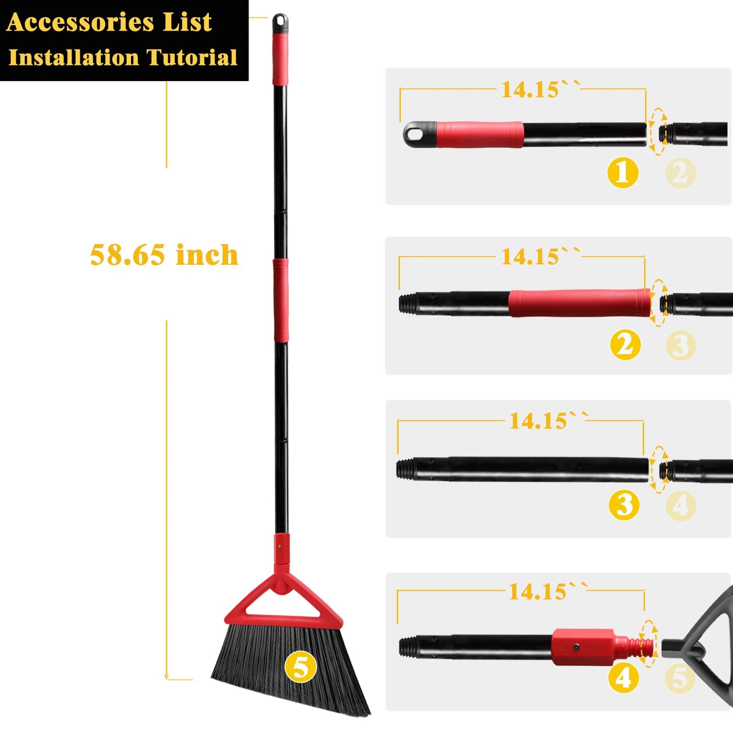 PUTNATRUE Heavy Duty Angle Broom, 3 Pack Longer Commercial Brooms, Swipe Brooms for Sweeping Indoor Outdoor, Perfect Red Broom of Kitchen, Garage, House, Restaurant