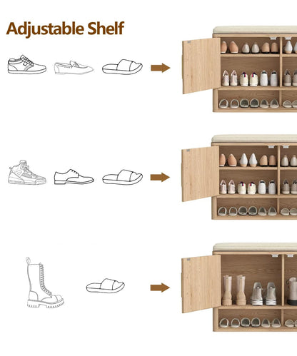 Zeibospri Fluted Shoe Storage Bench with Cushion, 3-Tier Entryway Bench with Adjustable Shelves and Open Bottom Shelf, Hidden Shoe Organizer Cabinet, for Hallway, Living Room, Bedroom, Natural Oak