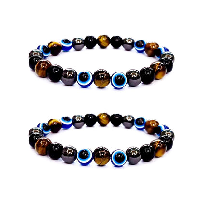 WEFRIN Evil Eye with Hematite Black Obsidian Tiger Eye Stone Triple Protection Bracelets for Men Women, Crystal Jewelry Stone Bracelets Bring Luck and Prosperity and Happiness (C)