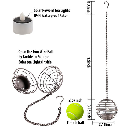 Solar Hanging Lanterns Outdoor Waterproof, Rust Iron Ball Candle Holder with Flickering Solar Powered Tea Lights, Perfect Chargeable Solar Lights for Backyard Patio Garden Fence Tree Decoration-4Pack