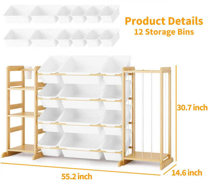 Toy Storage Organizer with Bookshelf and Stuffed Animal Storage - Kids Playroom Organization with Shelves and 12 Toy Bins - Toddler Living Room Toy Box for Lego - Nursery Bedroom Decor Essentials