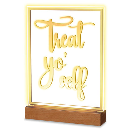 Hoolerry LED Acrylic Bar Table Sign 8" x 10" Neon Acrylic Table Centerpiece, Snack Candy Bar Centerpiece with Stand White Text for Dessert Flower Room Decor (Treat Yoself)