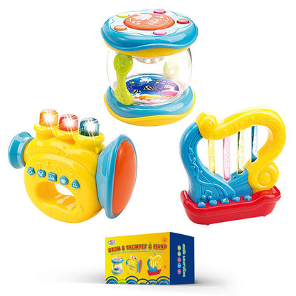 WEofferwhatYOUwant Baby Musical Instrument Set – 3 Piece Trumpet Drum Harp Bundle with Lights Songs Lullabies Interactive Play Modes Batteries Included BPA-Free Travel Ready Musical Gift for Toddlers