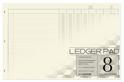 BookFactory Ledger Pad/Large 8 Column Accounting Ledger Columnar (Eight Columns) Pads - 17'' x 11'', 50 Pages, Notepad Landscape Format (Made in USA)