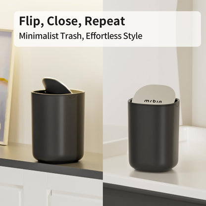 MRBIN Desk Mini Car Trash Can, 0.4 Gallon Table Top Plastic Waste Basket with Stainless Steel Lid, Small Garbage Bin for Bedroom, Coffee Bar, Vanity Countertop, Black