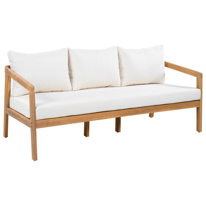 Christopher Knight Home Sures 5-Seater Patio Furniture Set with Removable Cushion, 4 Piece Outdoor Acacia Wood Conversation Set, Sold Wood Outdoor Sectional Sofa Set with Coffee Table, Natural+Beige