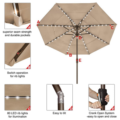 EliteShade USA 10-Year-Non-Fading 9ft 3-Tier Market Patio Umbrella, Commercial Table Umbrella with 80 Solar LED Lights, Crank Open, Windproof & UPF 50+ UV Protection for Garden, Deck, Pool, Backyard, Heather Beige