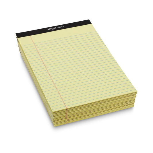 Amazon Basics Wide Ruled Lined Writing Pads, 8.5" x 11.75", Canary, 12-Pack of 50 Perforated Sheets, Sturdy Backing