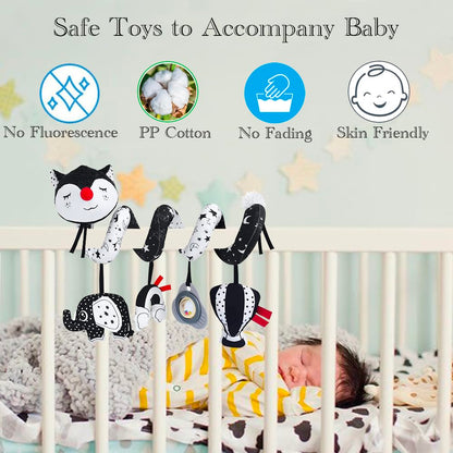ORZIZRO Car Seat Toys, High Contrast Black and White Toy for Infants 0-3 6 12 Months, Musical Black Fox Carseat Toys Stroller Toy for Babies Newborns