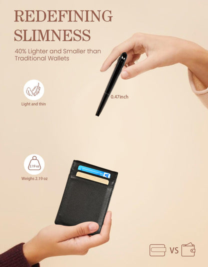 kinzd Slim Wallet with Money Clip RFID Blocking Minimalist Bifold Wallet for Men Genuine Leather Front Pocket Card Holder AS137 - #Nappa Black
