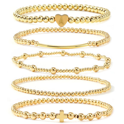 14K Gold Cross Beaded Initial Bracelet Stack for Women,Dainty Stretch Gold Plated Letter A Stackable Bracelets Bohemian Layered Prom Holiday Party Accessories Jewelry Gift Friendship