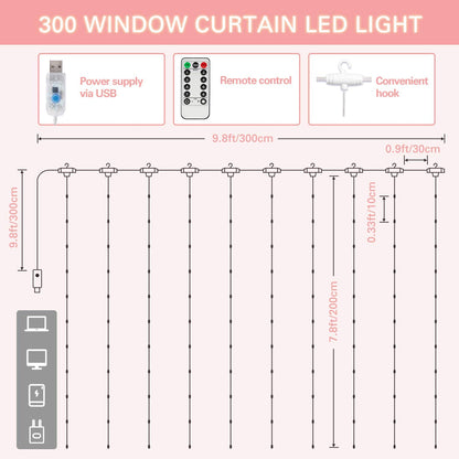 SUNNEST LED Curtain Lights Christmas, 300 LEDs 9.8FT x 9.8FT USB Curtain String Light with 8 Lighting Modes Wall Lights with Remote Control, Twinkle Light for Bedroom Decoration (Red)