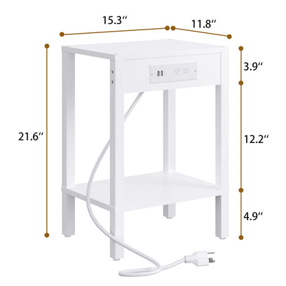 End Table with Charging Station, 2-Tier Nightstand with Storage Shelf,Modern Side Table,Bedside Table for Small Space in Living Room, Bedroom, Sofa Couch and Balcony, White MLBZ14WE