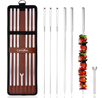 Carvefun Innovative Thermal Insulation Handle BBQ Skewers Set - 6 Stainless Steel Wide BBQ Kebob Sticks For Grill - Flat Metal With 1 Food Remover Bar - 16.7' Inch Metal Kabob Skewers